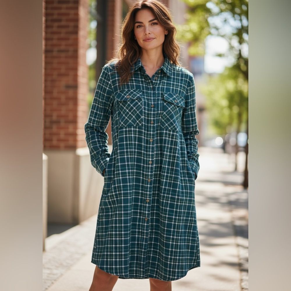 Carve Designs Teal Green, Green & White Plaid Flannel Dress